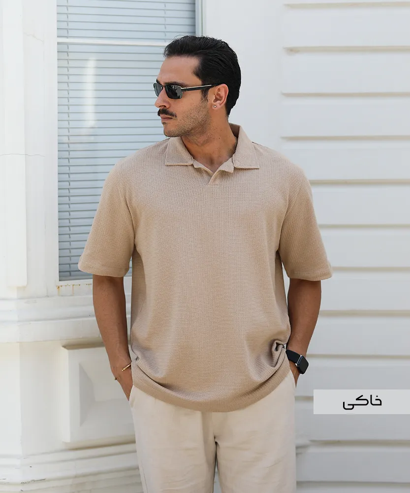 2 تیشرت قایک دار مردانه T42055 خاکی