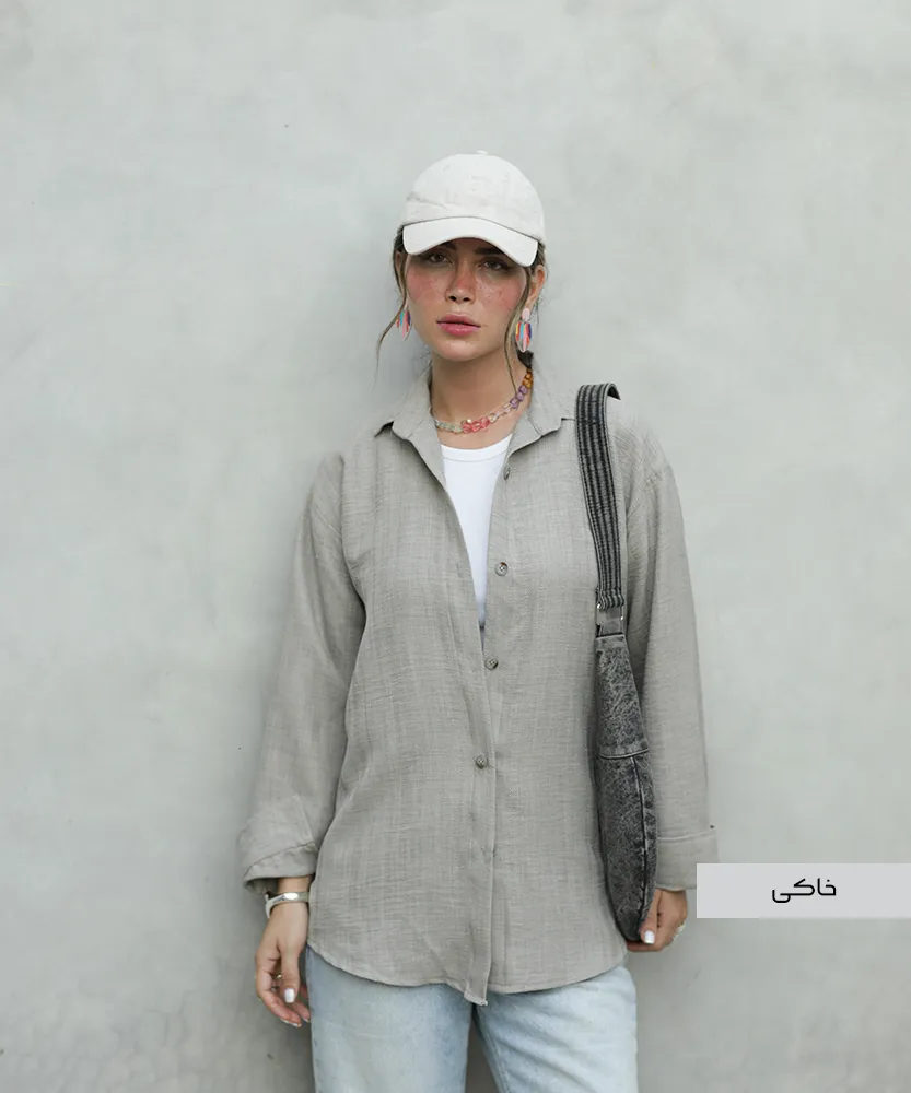 شومیز یقه سرخود ژاکارد A41585 خاکی