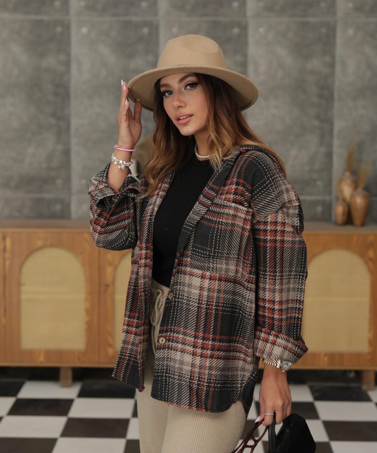 شومیز کلاهدار چهارخانه A31596