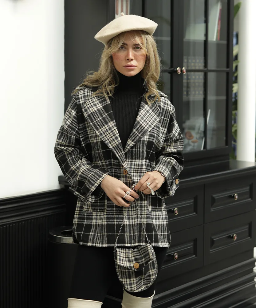 مانتو چهارخونه یقه انگلیسی کیف دار M41244