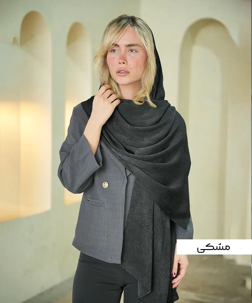 شال ژاکارد طرح بندی پلیسه N31265 مشکی