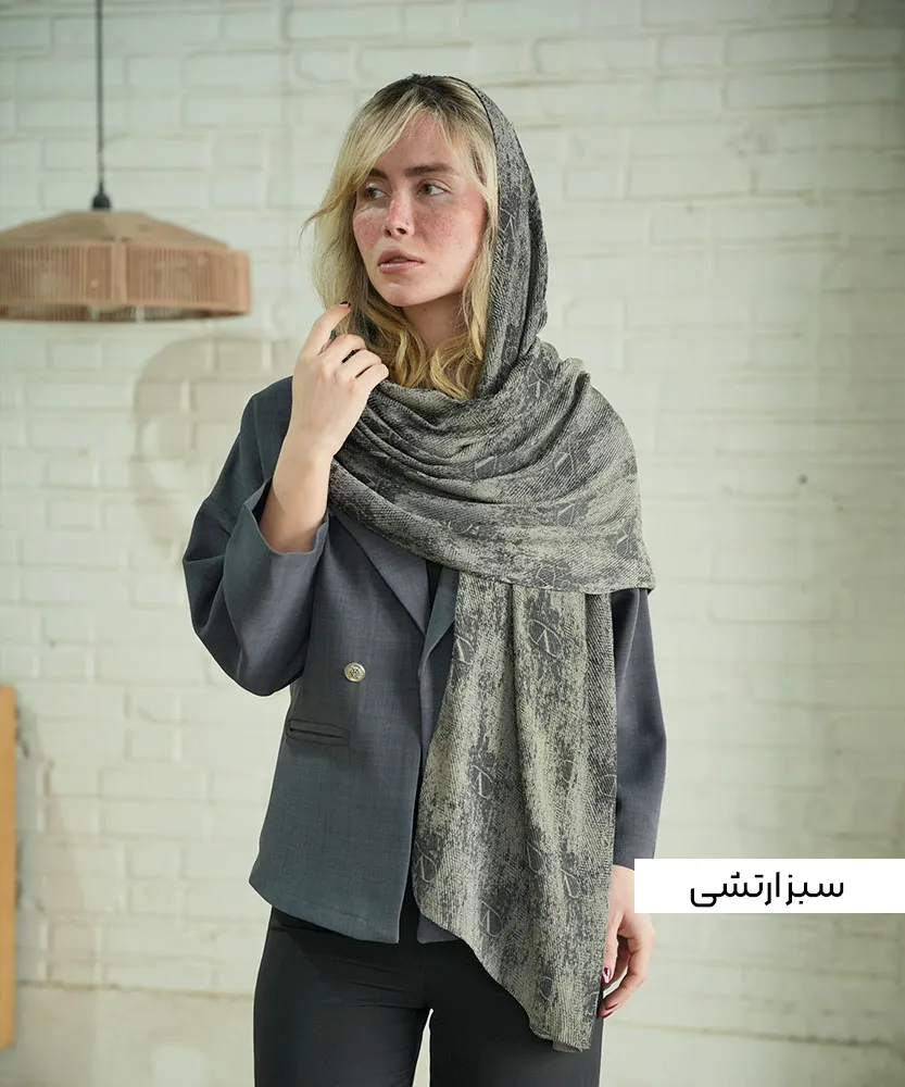 شال ژاکارد طرح بندی پلیسه N31265 سبز ارتشی