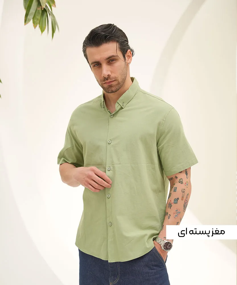 پیراهن مردانه آستین کوتاه P42523 مغزپسته ای