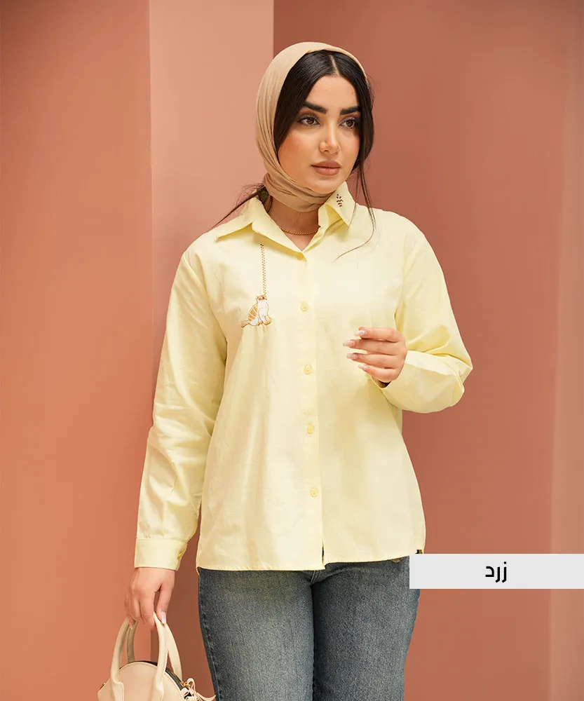 شومیز لنین گلدوزی گربه A41852 زرد