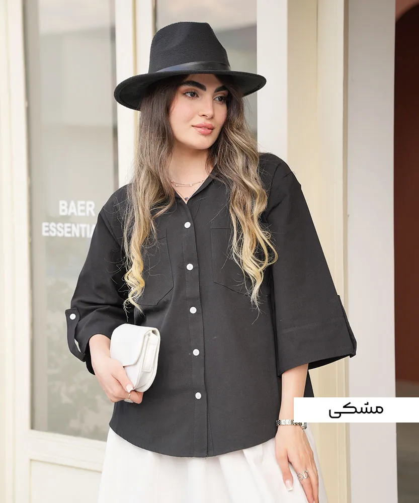شومیز لینن دو جیب پاکتی آستین پاگن دار A41891 - Image 2