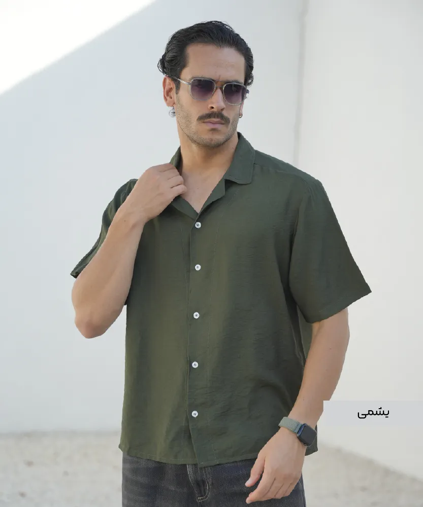 پیراهن مردانه آستین کوتاه ساده P42877 یشمی