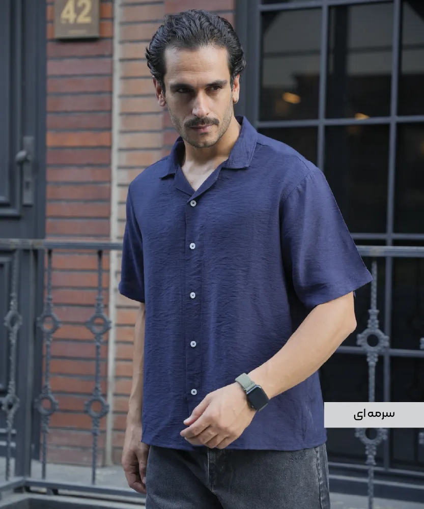 پیراهن مردانه آستین کوتاه ساده P42877 سرمه ای