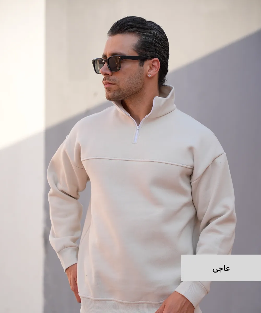 بلوز نیم زیپ سه نخ خارخورده B52022 عاجی